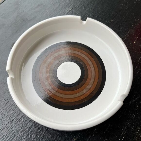 Vintage 70s Ceramic Ashtray 5" Brown Concentric Circle Mod Design - Picture 1 of 11
